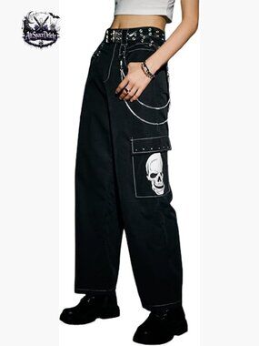 Straight Leg Cargo Pants with Skull Print, Chain Straps, Pockets